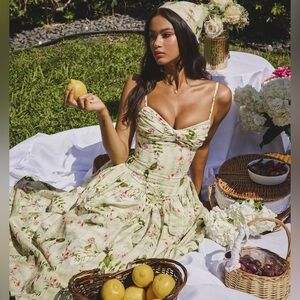 LAST SIZE SALE! Jacinda Green Floral Print Ruched Breast Linen Midi
Dress